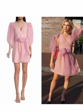 Cynthia Rowley Irene Pink Organza Puff Sleeve Wrap Mini Dress XS NWT